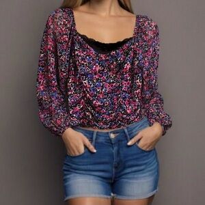 CRAVE FAME Pink & Purple Floral Ruched Long-Sleeve Crop Top
